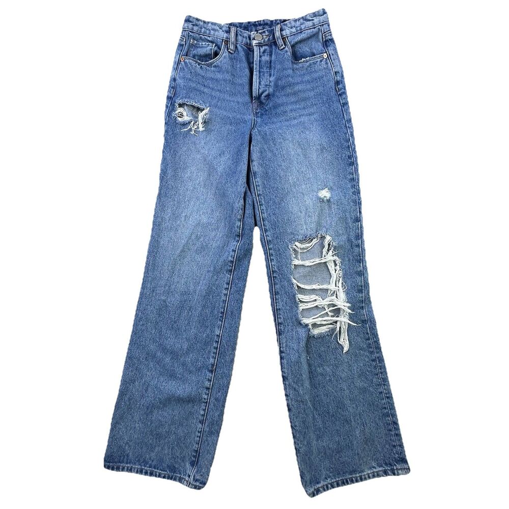 BlankNYC Jeans Size 25 The Franklin Wide Leg Medium Wash Distressed Destroyed